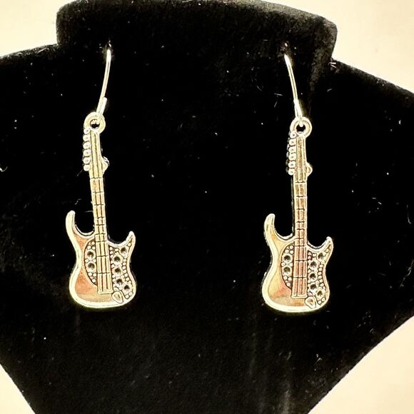 Guitar Earrings Silver Tone Rock Music Band Instrument Dangle‎ Drop Jewelry - Picture 2 of 10